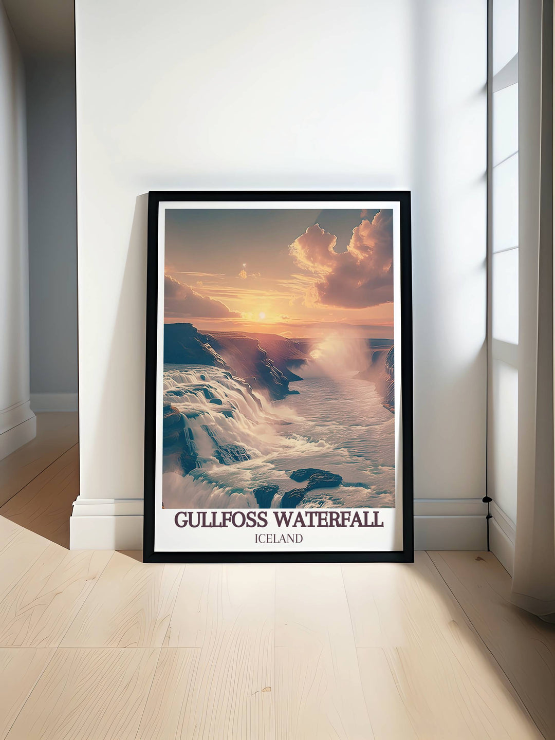 Gullfoss Waterfall with vibrant greenery in summer showcased in an Iceland travel print, perfect for nature enthusiasts and collectors