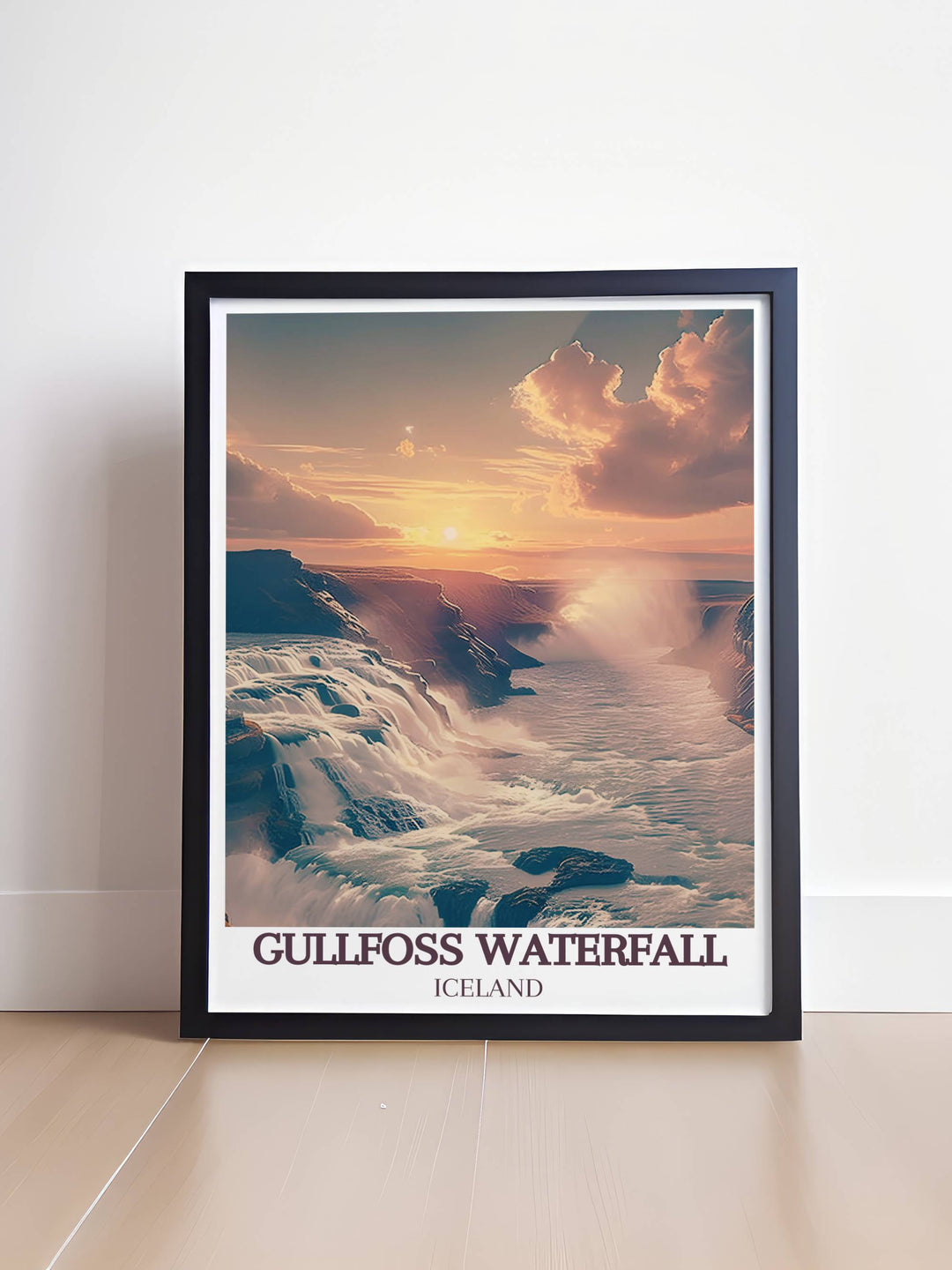 Winter view of Gullfoss Waterfall, where icy waters meet snow, captured in a framed art print for home or office decor