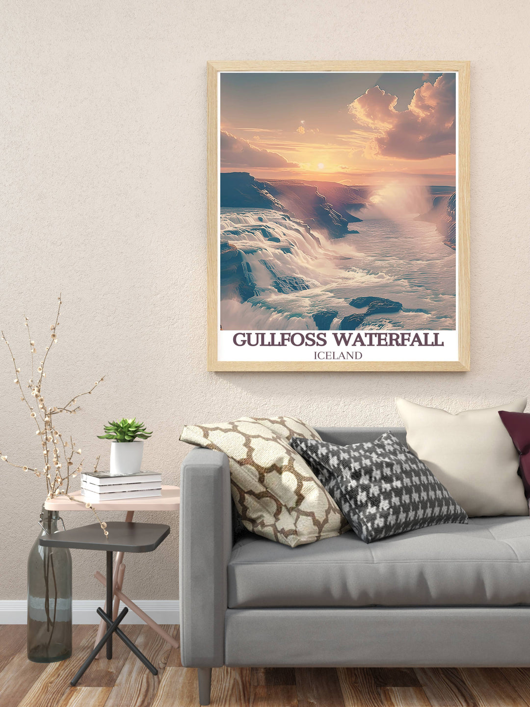 Gullfoss Waterfall and Hvita River Canyon together in a single breathtaking Iceland wall art piece, ideal for large spaces