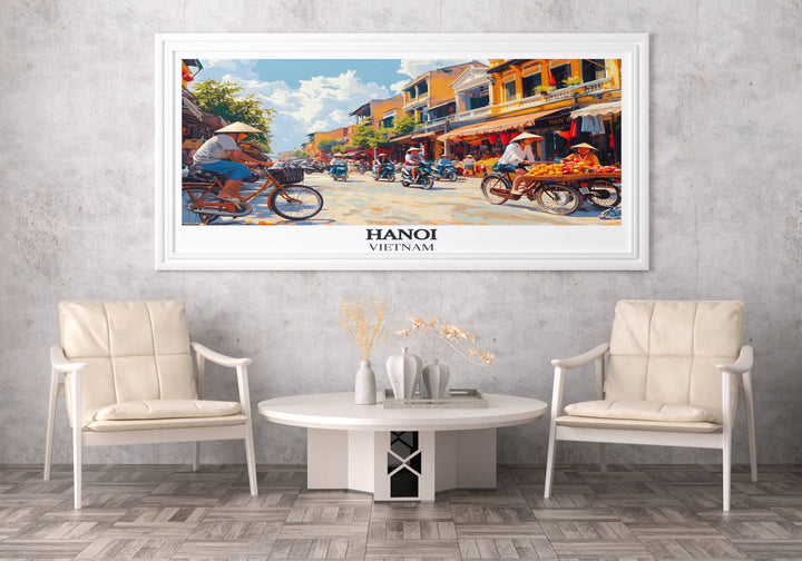 Hanoi wall decoration capturing the serene beauty of the citys lakes against the vibrant energy of street vendors.