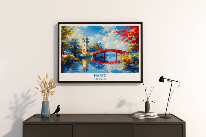 Turtle Tower, a landmark of Vietnamese heritage, is the centerpiece of this Hanoi art print, a must-have for collectors of Asian art. This Hanoi travel print of Turtle Tow