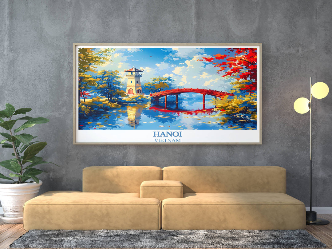 This Vietnam poster print showcases Turtle Towers serene presence at Hoàn Kiếm Lake, adding a touch of Hanoi to any room.