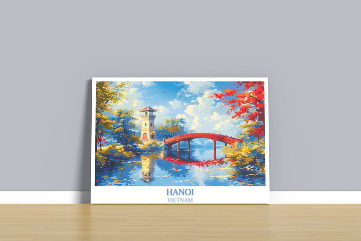 Turtle Tower, reflected in the calm waters of Hoàn Kiếm Lake, highlights this Hanoi travel poster, inviting viewers to explore Vietnam.
