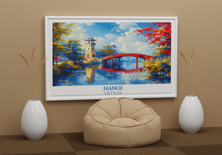 An instant download of Hanoi wall art featuring Turtle Tower, blending digital art with Vietnamese scenery, ideal for Asia art prints enthusiasts.