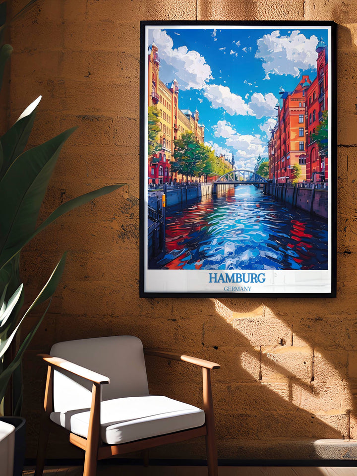 An elegant Hamburg Travel Wall Art scene at dusk, with the lights of the city reflecting off the water, creating a peaceful ambiance.
