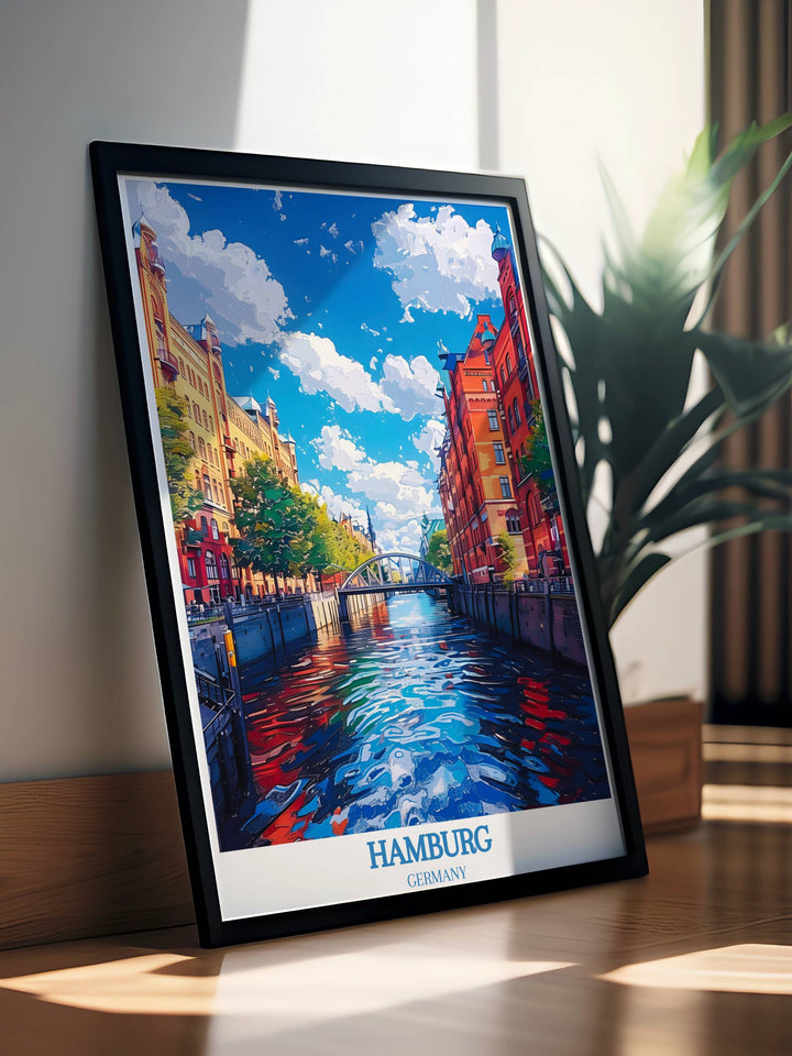 An elegant Hamburg Travel Wall Art scene at dusk, with the lights of the city reflecting off the water, creating a peaceful ambiance.