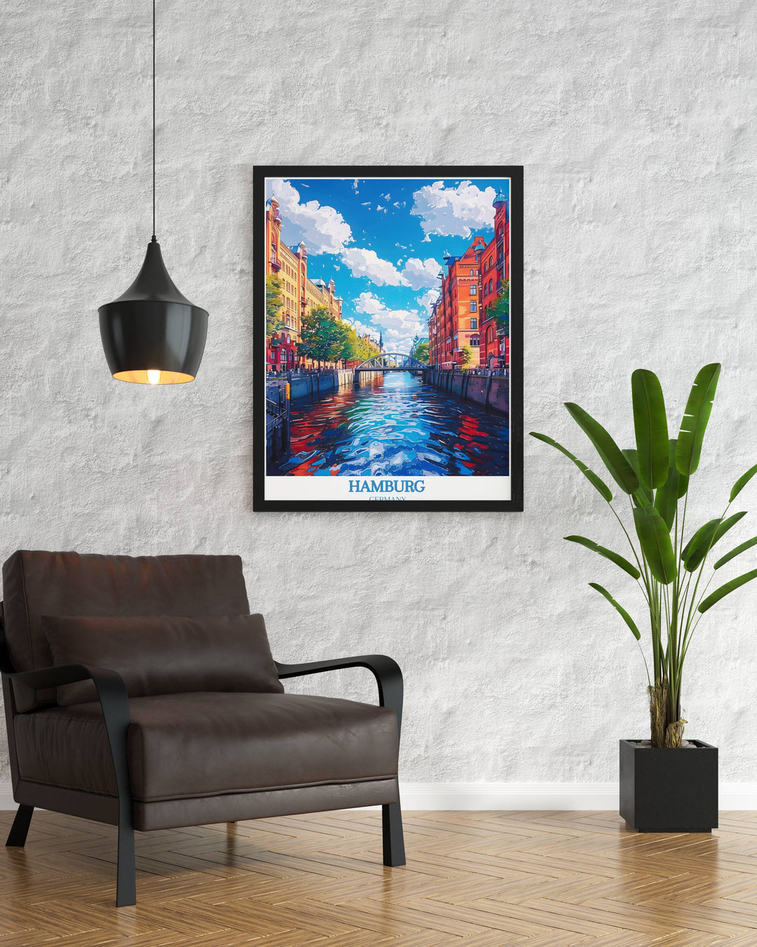 A unique Germany Painting Gift capturing the essence of a traditional Hamburg canal boat tour, framed by lush greenery and historic buildings.