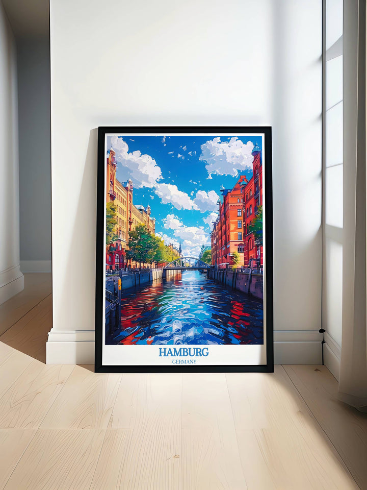 A breathtaking Hamburg Travel Wall Art featuring the historic Speicherstadt, with its waterways and warehouses under a glowing sunset.