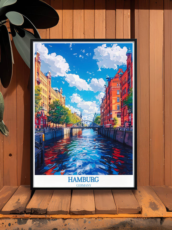 A sophisticated Europe Home Decor digital print showcasing a panoramic view of Hamburgs skyline, blending modernity with heritage.