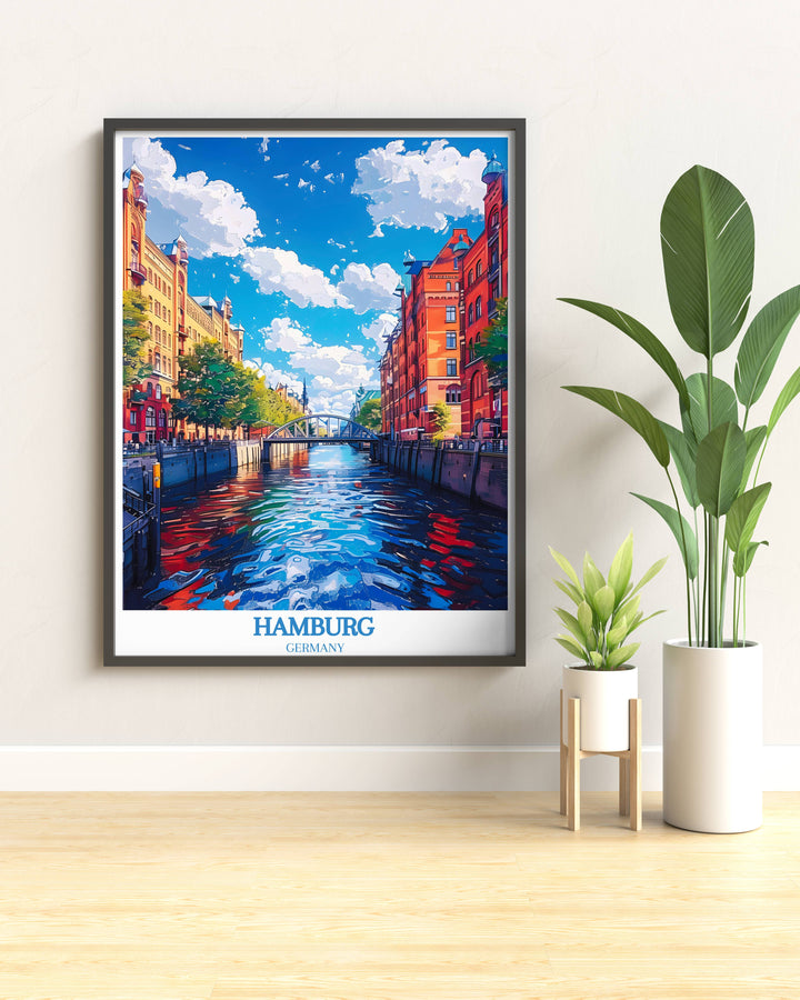 A charming Printable Handmade Art piece of the Speicherstadt, capturing the intricate architecture and reflections on the water.