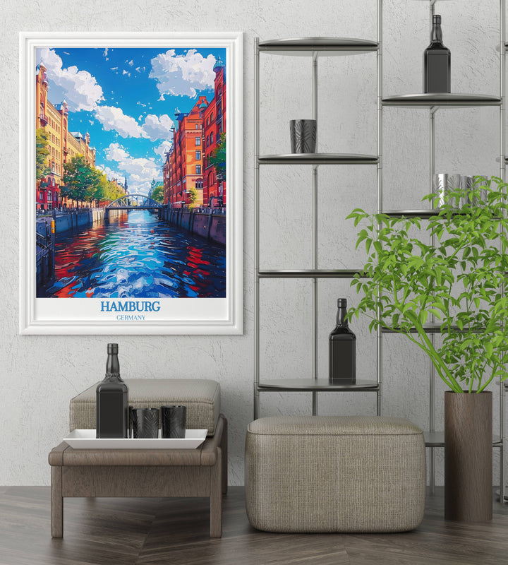 A serene Europe Home Decor piece portraying a quiet morning in Hamburg, with soft light illuminating the citys beauty.