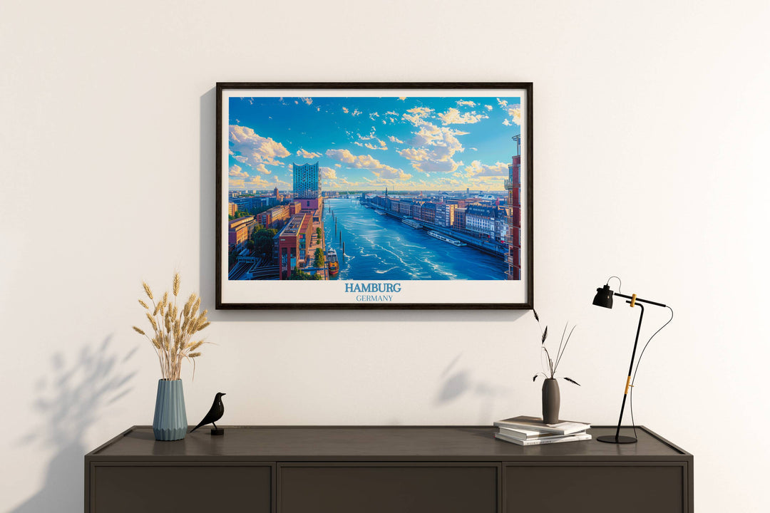 A housewarming gift digital print offering a serene view of the Elbphilharmonie from across the water, with the citys lights twinkling at dusk