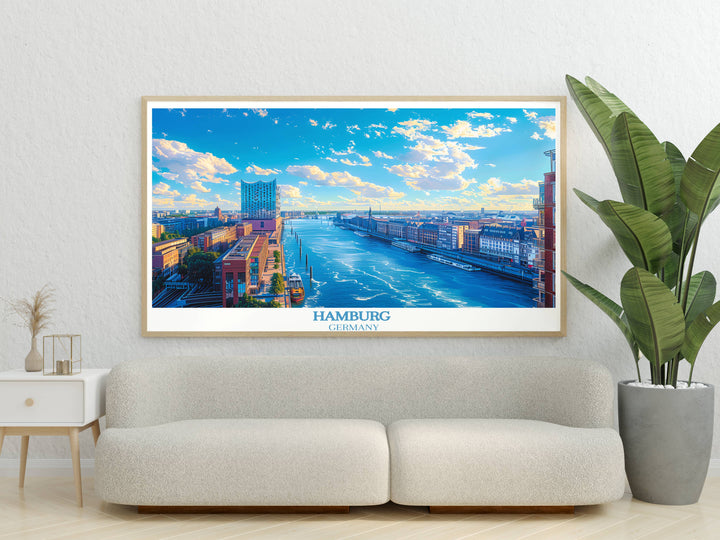 A picturesque Germany wall art piece showcasing a panoramic view of the Elbphilharmonie and surrounding harbor, bustling with boats