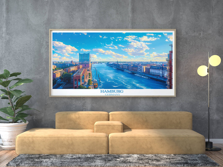 A digital print poster of Hamburg at night, focusing on the illuminated Elbphilharmonie and its reflection in the water, showcasing urban beauty