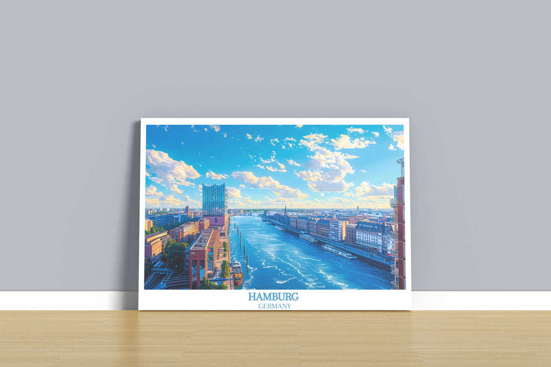 A handmade printable art piece depicting the Elbphilharmonie at dawn, with the buildings silhouette against a vibrant morning sky