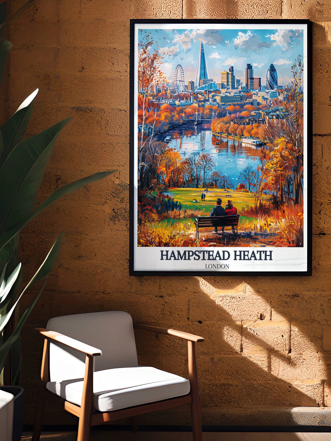 Dynamic London Skyline print from Hampstead Heath, featuring iconic buildings and landmarks amidst the lush parkland, encapsulating the spirit of London.