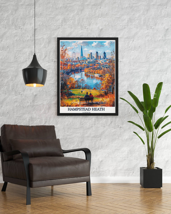 Hampstead Heath ponds art print, highlighting the calm waters and reflective surfaces against the backdrop of the citys greenery.