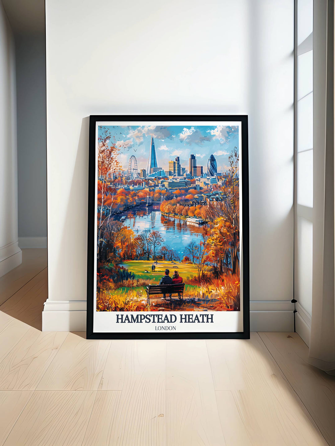 Vibrant poster of Hampstead Heath with London skyline in the background, capturing the essence of the citys green spaces and architectural marvels.