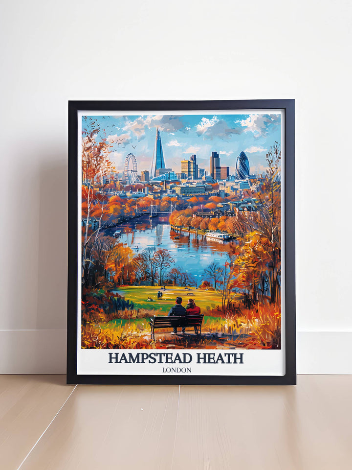 Artistic rendition of Parliament Hill offering panoramic views over London, emphasizing the harmony between nature and urban life.