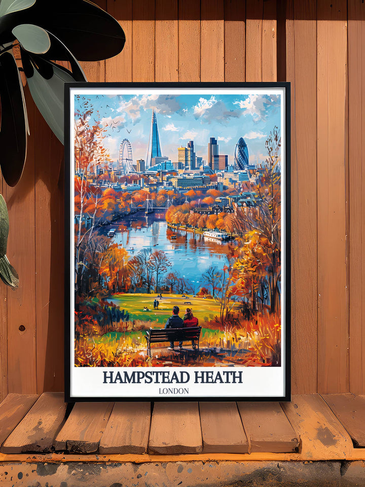 Elegant print showcasing Gospel Oak in Hampstead Heath, highlighting its tranquil beauty and lush surroundings in vivid colors.