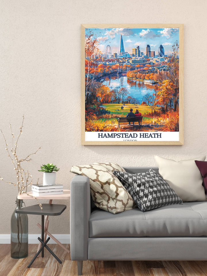 Detailed wall art of Hampstead Heath focusing on the dense foliage and scenic pathways, inviting viewers to explore its natural charm.
