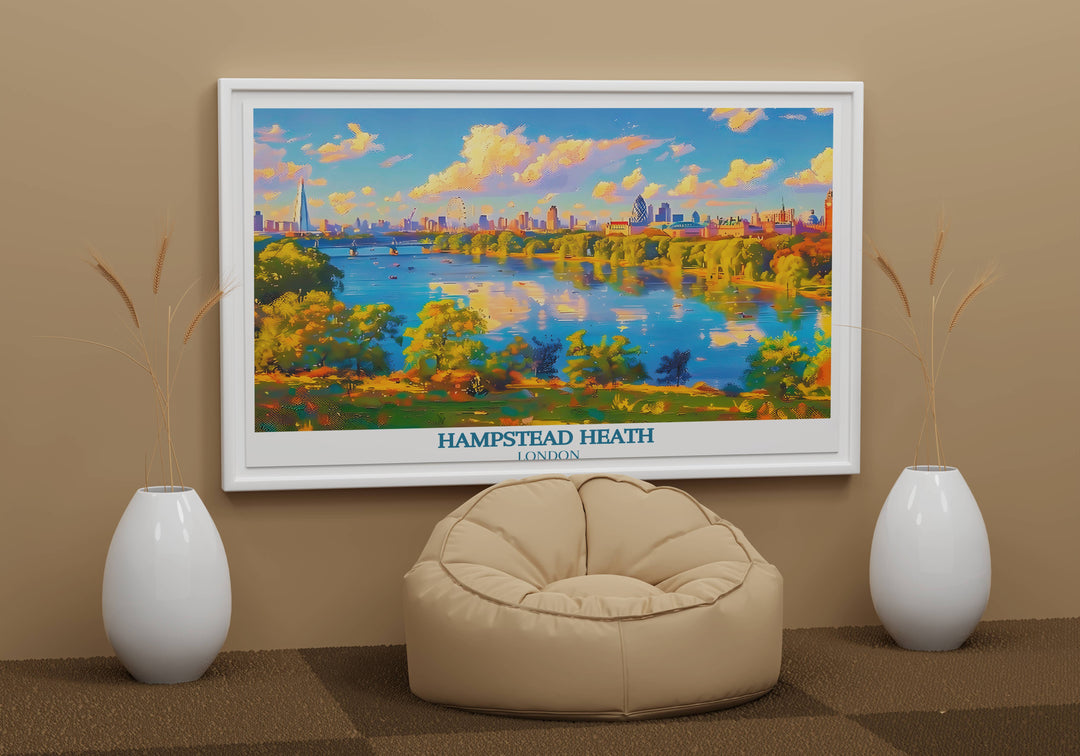Captivating skyline view from Parliament Hill, encapsulated in a print that merges Londons architectural beauty with its natural vistas