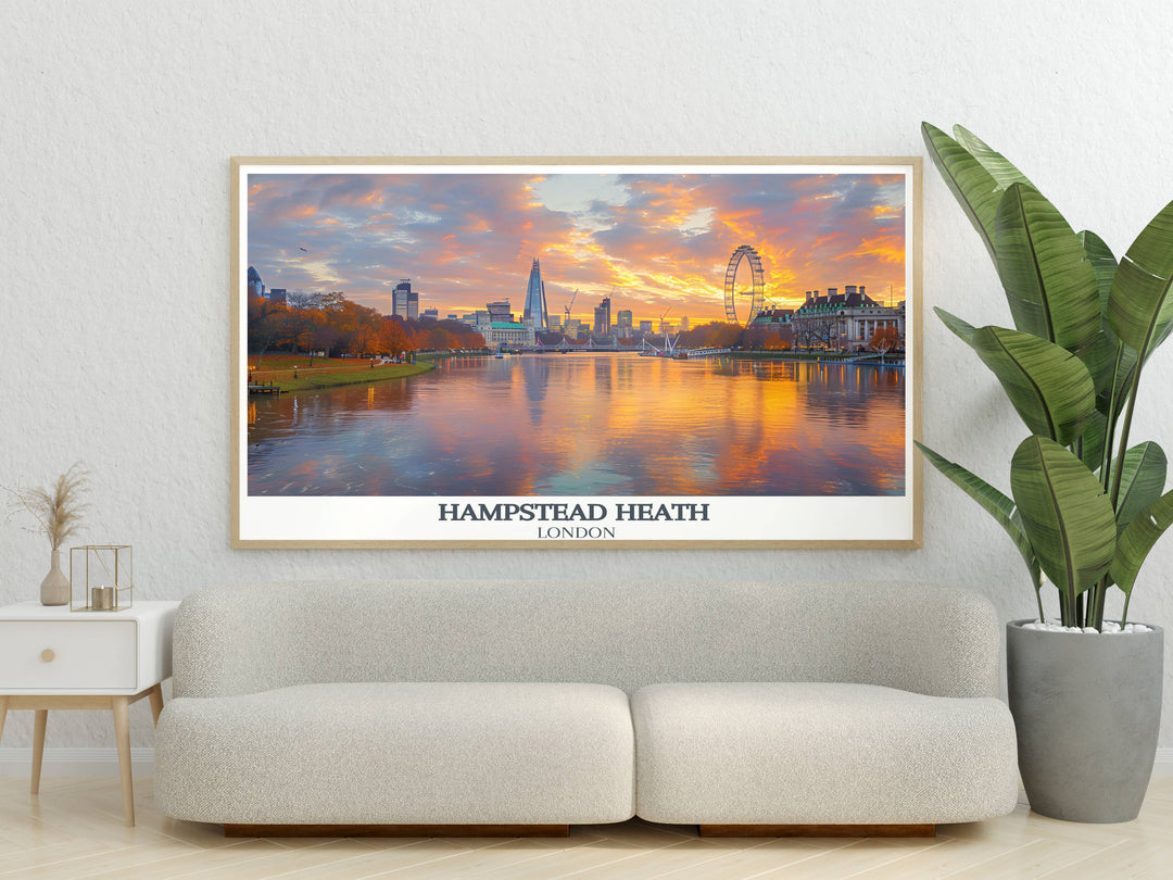 Elegant print depicting Hampstead Heath tranquil ponds and rolling hills, suited for creating a peaceful interior ambiance.