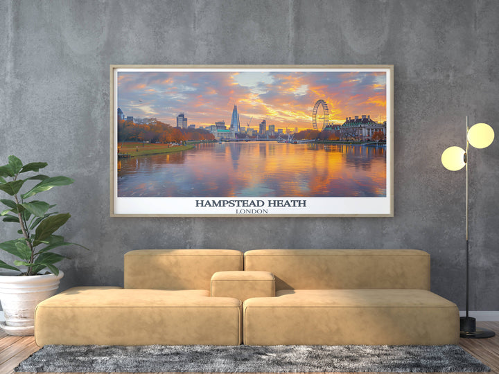 Detailed poster of Hampstead Heath as a wall hanging, presenting a magnificent view of Londons iconic landscapes for art aficionados and city admirers.