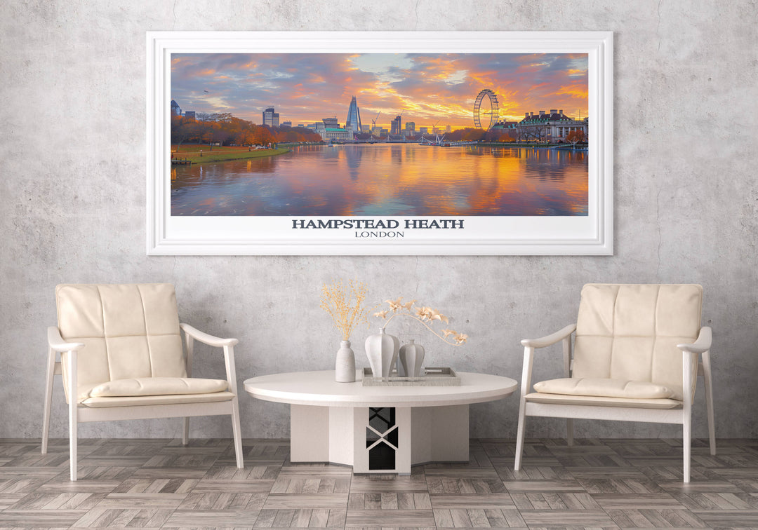 Artistic portrayal of Hampstead Heaths scenic vistas, turning any room into a tribute to Londons outdoor beauty.