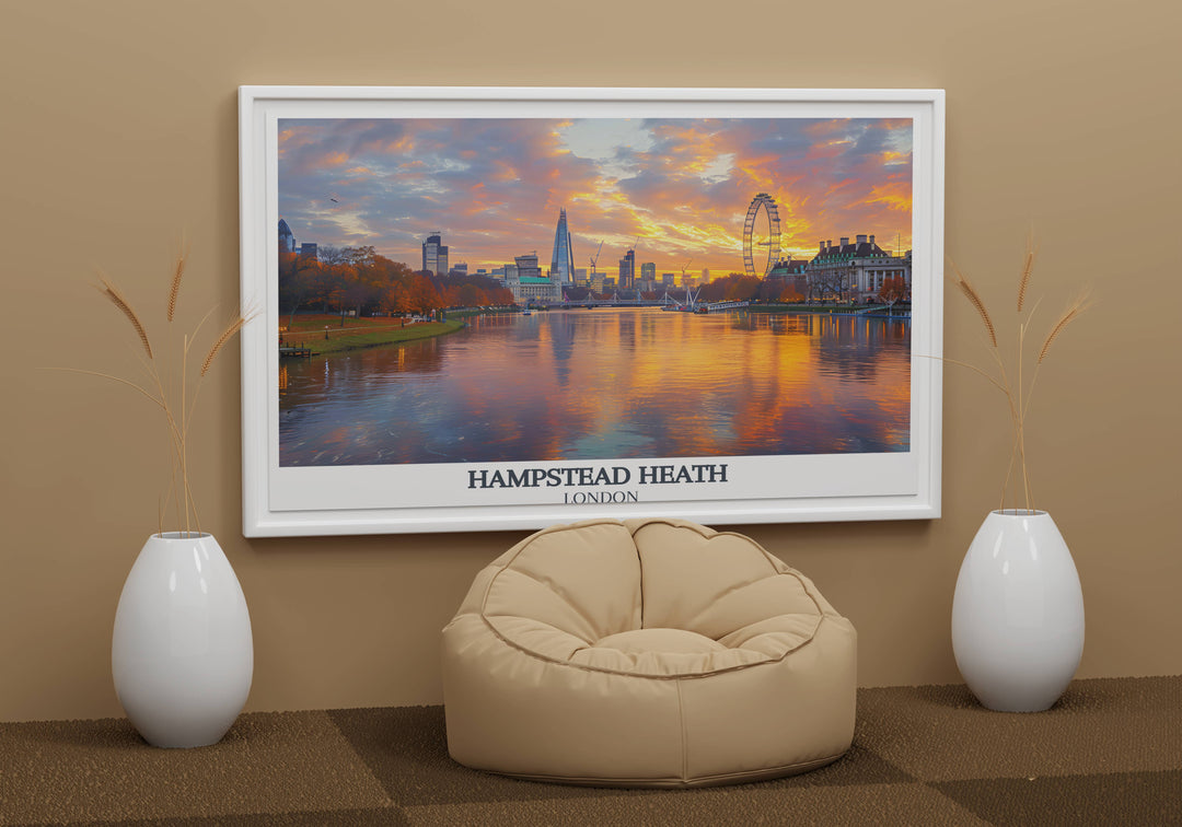 Striking landscape art print featuring Hampstead Heath, infusing indoor spaces with the vibrant energy and peace of Londons parks.
