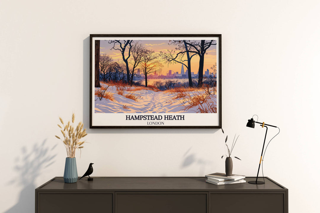 Artistic rendering of a snowy day in Hampstead Heath, the white landscape against the city backdrop offers a peaceful winter scene for your home.