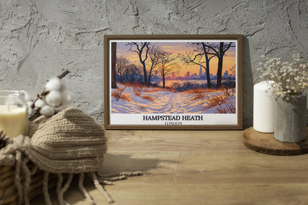 Artful depiction of the rolling meadows of Hampstead Heath, capturing the tranquility and lush greenery ideal for a peaceful living space.