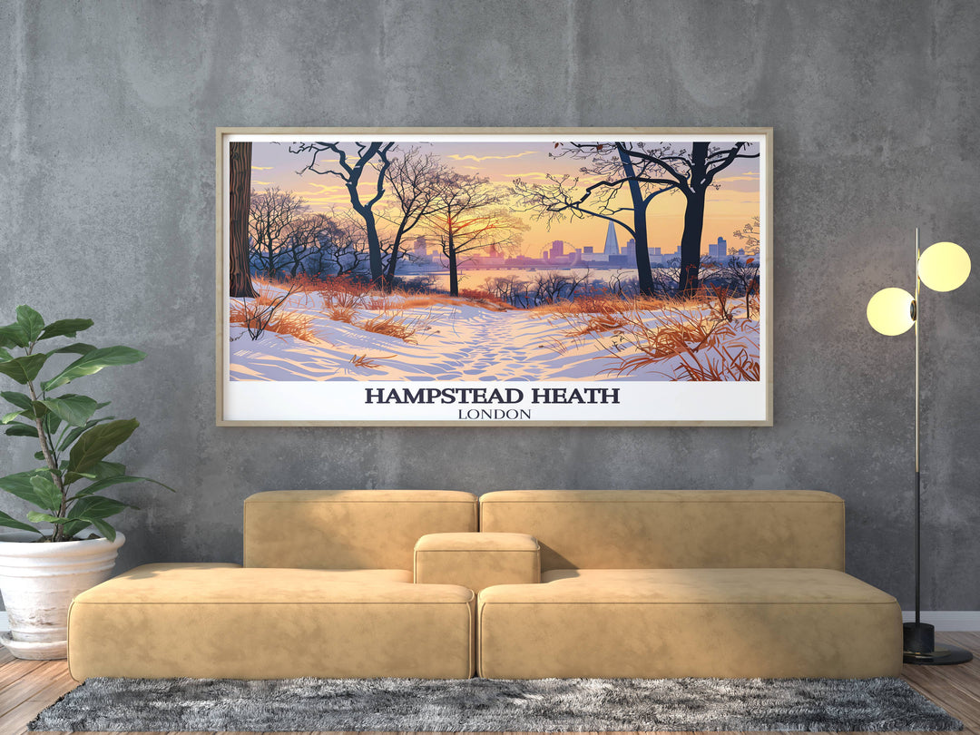 Detailed artwork of the winding paths and ancient trees of Hampstead Heath, inviting the viewer on a visual stroll through nature.