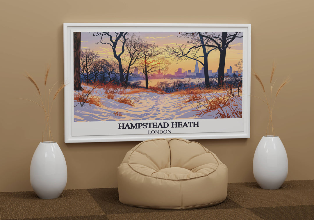 London cityscape as seen from the heights of Hampstead Heath, this print melds urban architecture with natural landscapes for a unique decor piece.