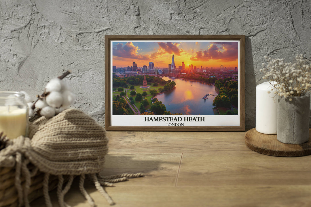 Detailed depiction of Parliament Hill offering breathtaking views over London, perfect for those who appreciate the citys natural and urban harmony.