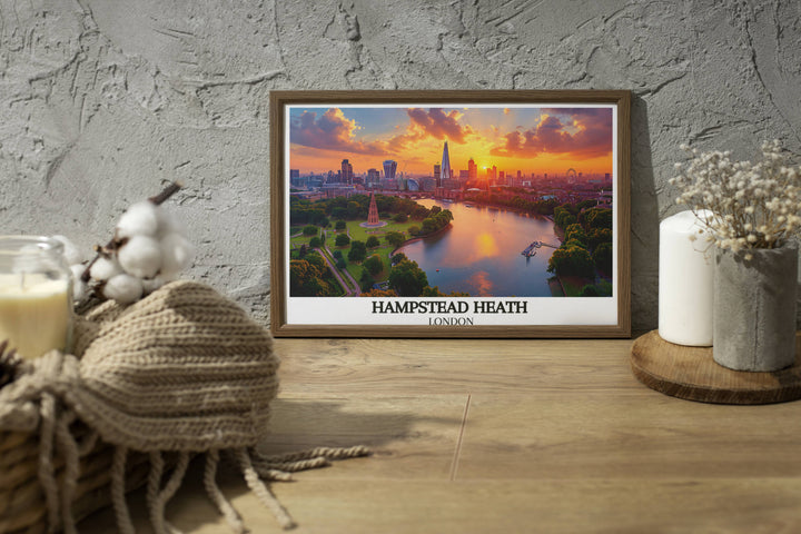 Detailed depiction of Parliament Hill offering breathtaking views over London, perfect for those who appreciate the citys natural and urban harmony.