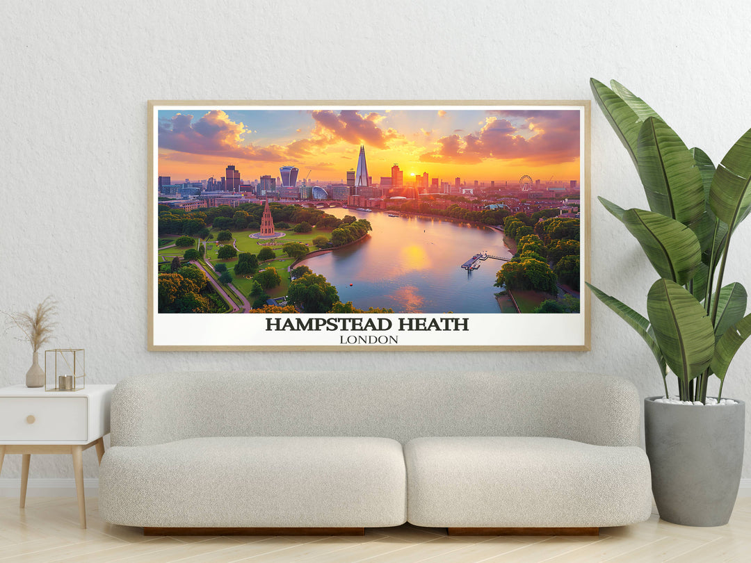 Serene print of Highgate Ponds, reflecting the peaceful atmosphere and beauty of Hampstead Heaths tranquil waters in your living space.