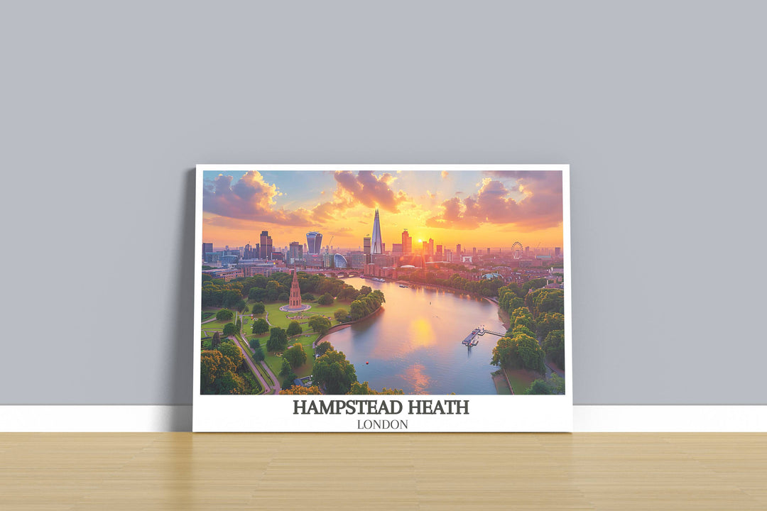 Panoramic print of London as seen from Hampstead Heath, blending the citys iconic skyline with its verdant surroundings for a unique wall art piece.