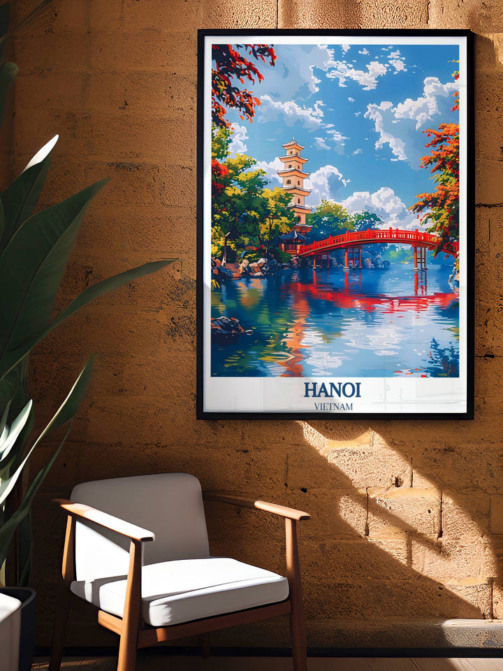 Capture the allure of Vietnam with this Hanoi travel poster, depicting the tranquil Turtle Tower at Hoàn Kiếm Lake, an ideal travel gift for adventurers.