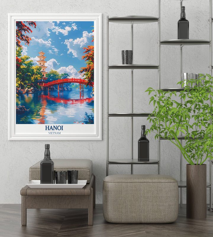 This Hanoi Wall Art brings the essence of Vietnam into your home with a captivating view of Turtle Tower and Hoàn Kiếm Lake, perfect for Asian art admirers.