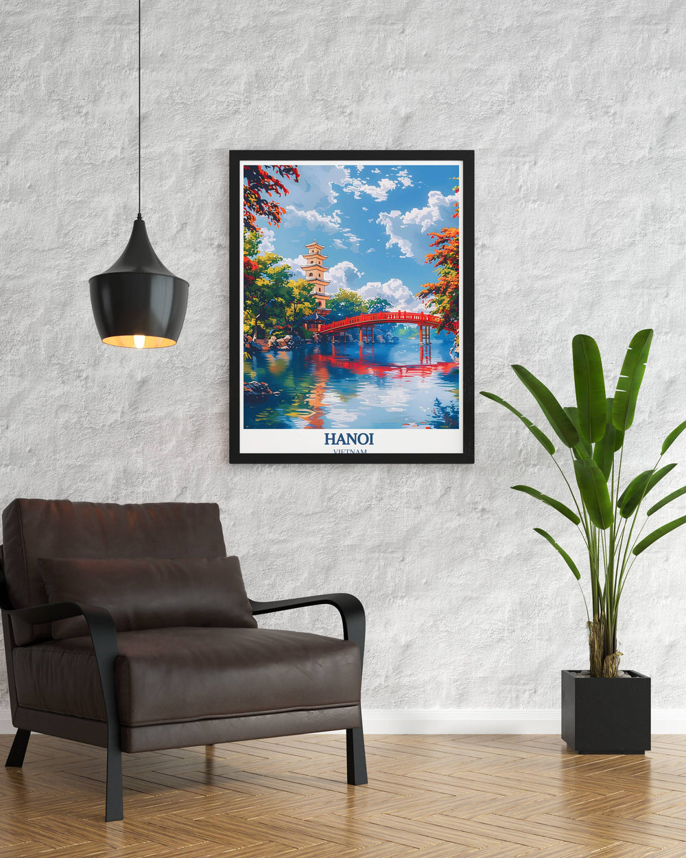 Embrace the spirit of Hanoi travel with this Vietnam poster print, showcasing Turtle Towers elegance alongside Hoàn Kiếm Lake, a must-have for collectors.