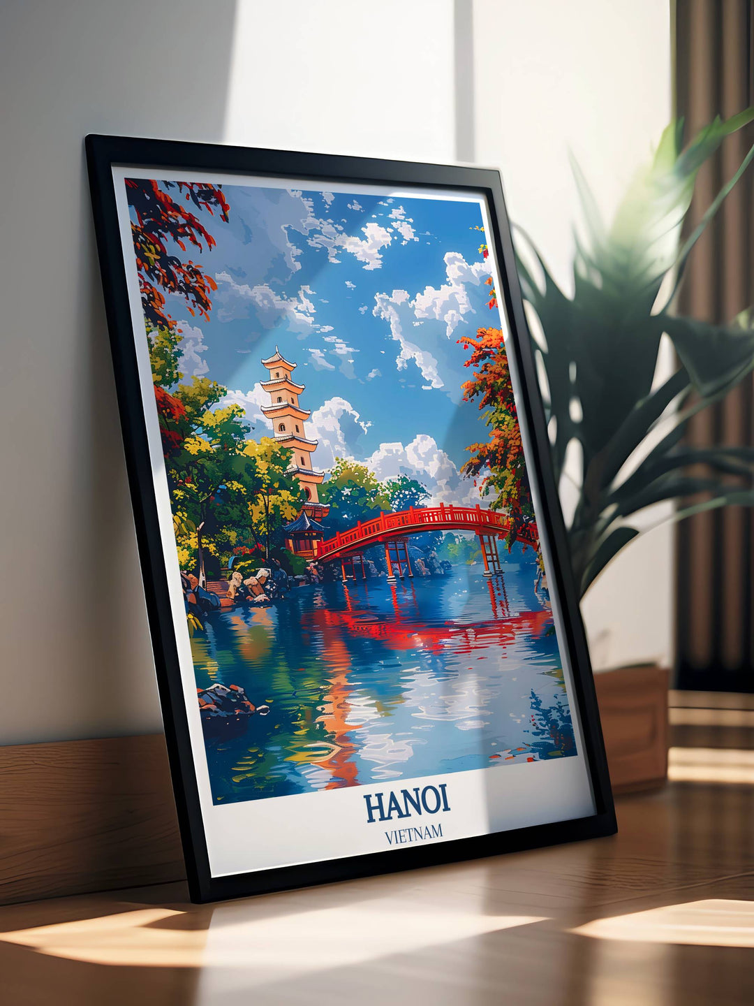 This Hanoi art print showcases Turtle Tower overlooking Hoàn Kiếm Lake, a stunning piece of Vietnam travel wall art ideal for Asian decor enthusiasts.