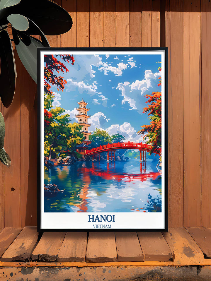 Instant download Hanoi photography, featuring the picturesque Turtle Tower, serves as a memorable travel gift or a stylish piece of Asian wall art.