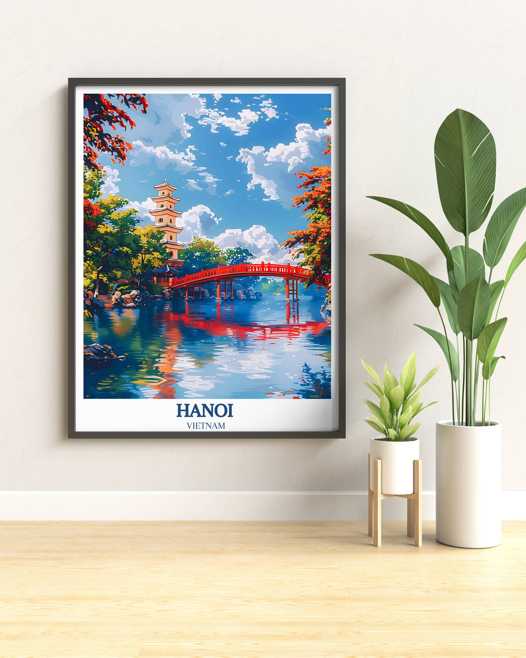 Asian art print of Hanois Turtle Tower, a digital masterpiece highlighting Vietnams scenic beauty, perfect for enhancing any travel-inspired decor.