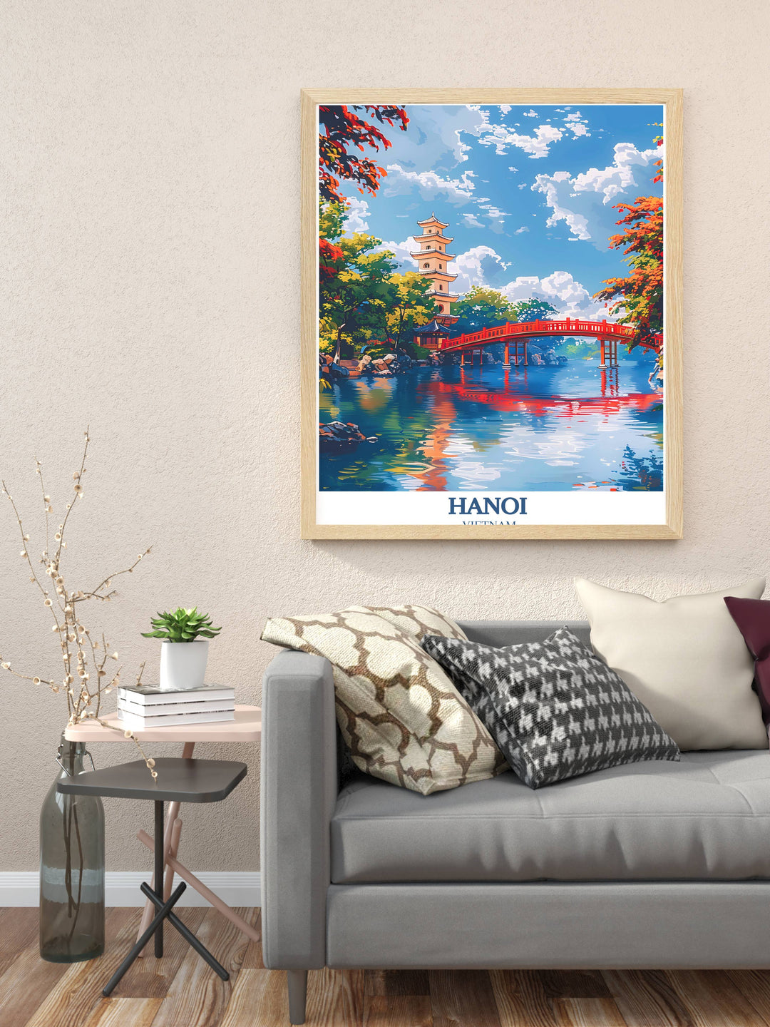 Discover the streets of Hanoi through this stunning Hanoi photo, where Turtle Tower stands proudly, encapsulated in a Vietnam travel print for art lovers.