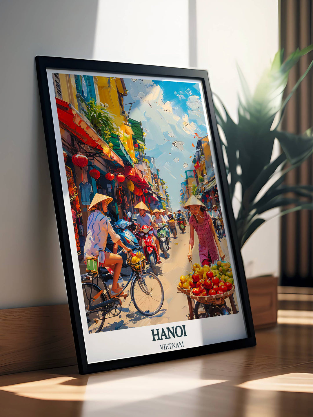 Travel poster capturing the vibrant essence of Hanois Old Quarter, showcasing the blend of history and modernity in Vietnams capital city.