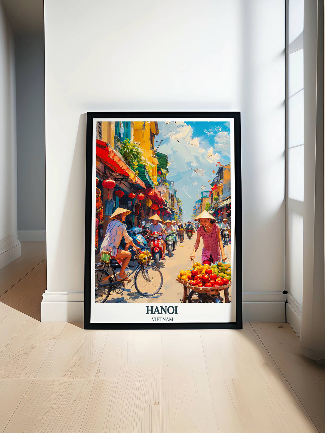 Wall art depicting the bustling streets of Hanoi, offering a glimpse into the dynamic street life and rich culture of Vietnam.
