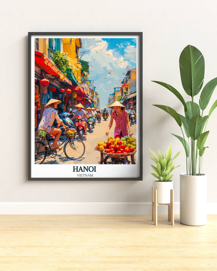Vibrant artwork showcasing the streets of Hanoi, filled with color and energy, reflecting the lively urban tapestry of Vietnam.
