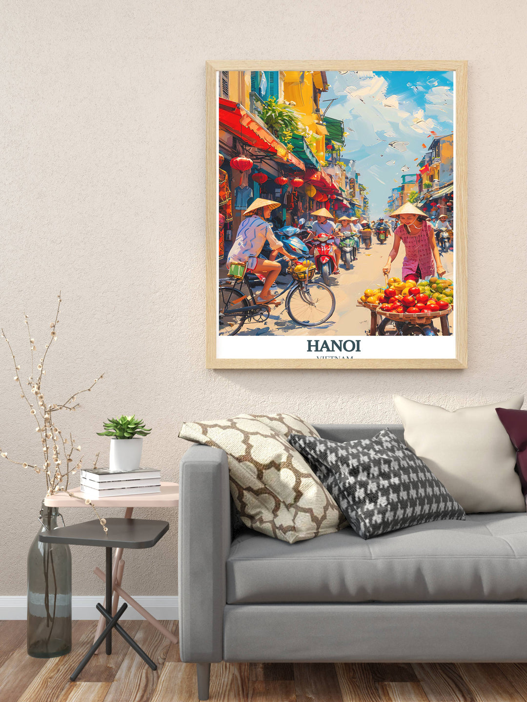 Housewarming gift idea featuring a detailed print of Hanoi street life, ideal for those fascinated by the culture of Vietnam.