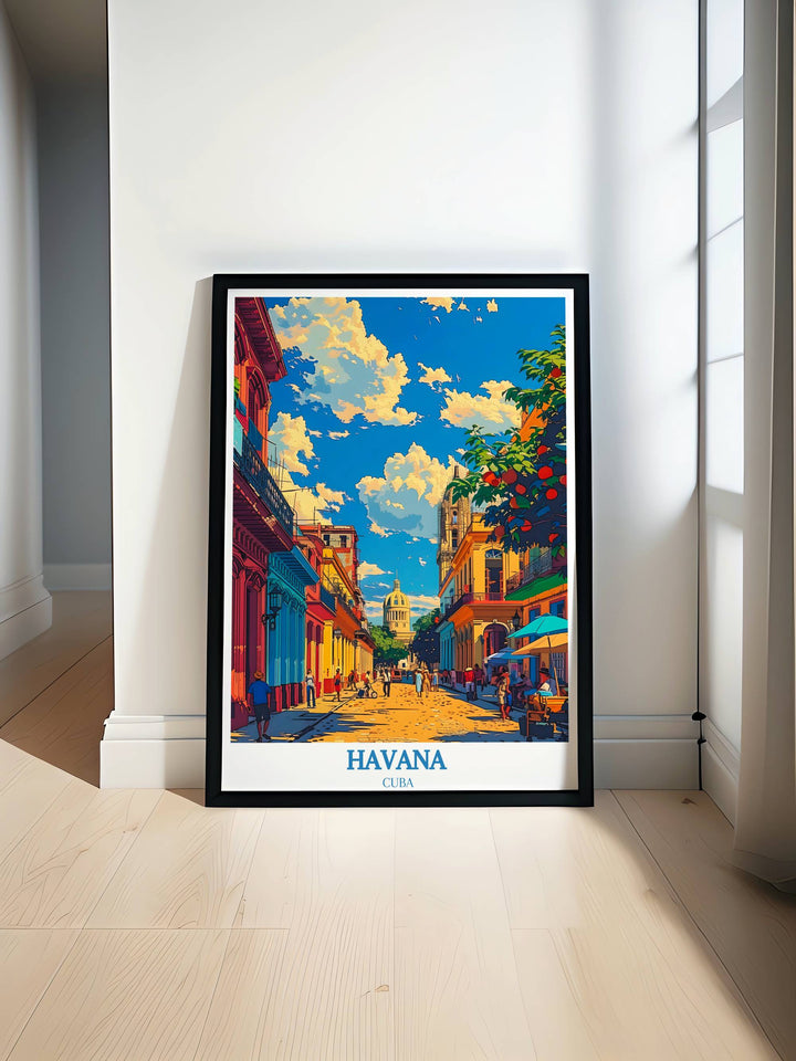 A vibrant print of Havana Cuba showcasing the colorful streets and classic cars, with the sun setting over the historic architecture, offering a glimpse into the citys lively culture and timeless charm.